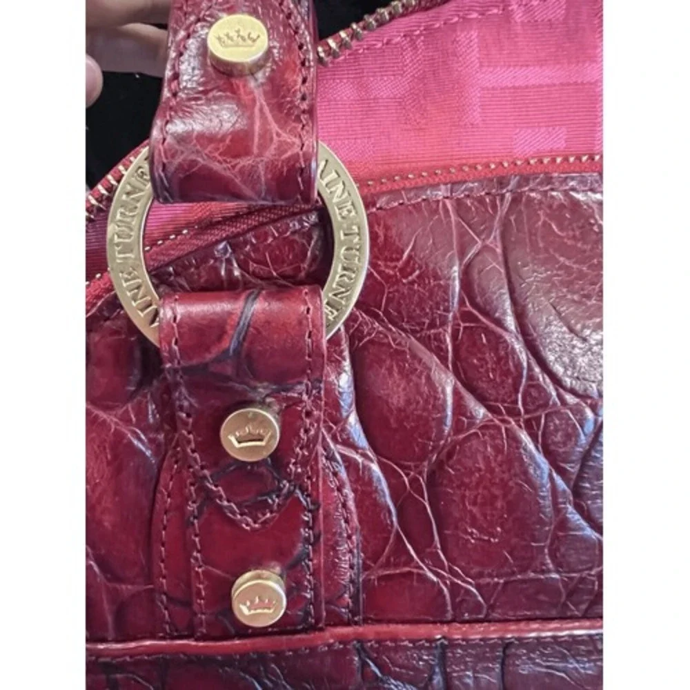 Elaine Turner Red Crocodile Embossed Leather Satchel Handbag Gold Hardware‎